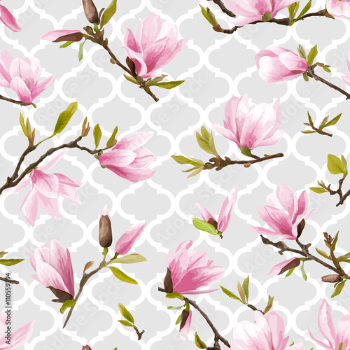 Seamless Floral Pattern. Magnolia Flowers and Leaves Background.