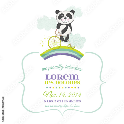 Baby Shower or Arrival Card - Baby Panda on a Bike - in vector