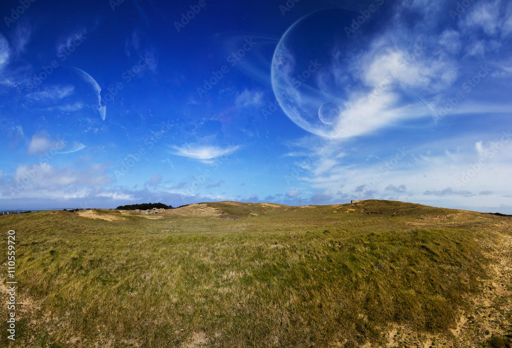 Obraz premium View of distant planet system from landscape
