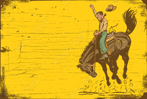 Man riding bucking bronco with on a wooden sign