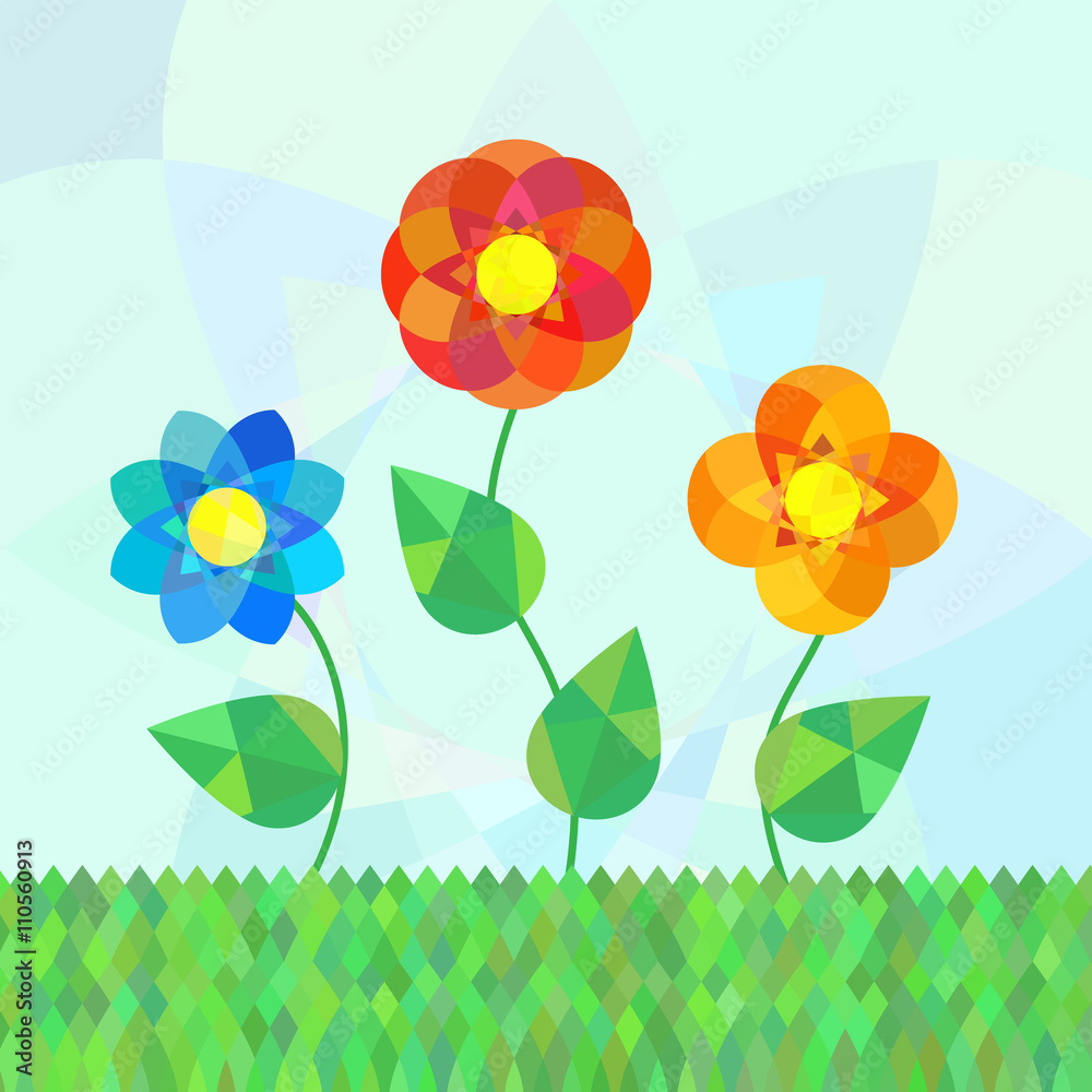 Fototapeta premium Three geometry mandala flowers on meadow. 