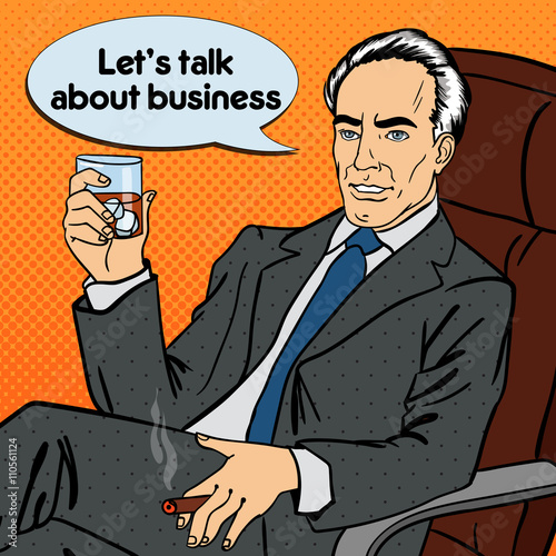Senior Businessman. Smoking Man in Chair. Businessman Drinking Whiskey