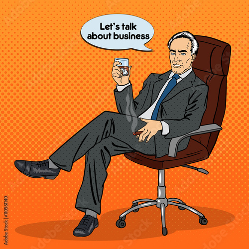 Senior Businessman. Smoking Man in Chair. Businessman Drinking Whiskey