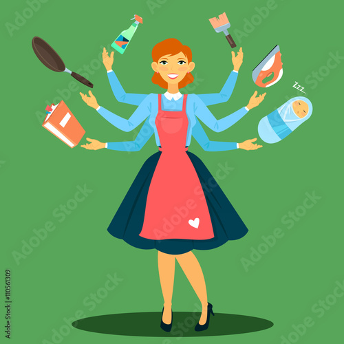 Successful Housewife. Multitasking Woman. Perfect Wife. Young Mother