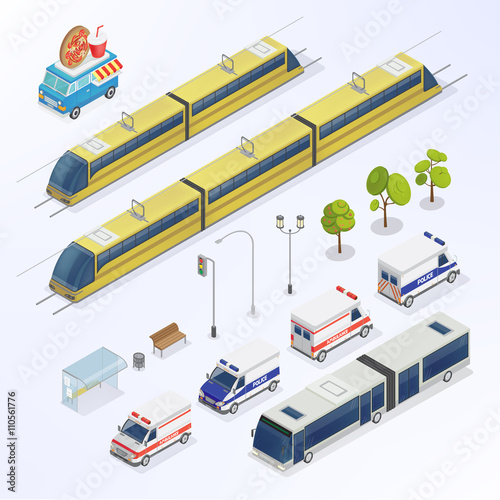 Isometric City. Urban Elements. Isometric Bus. Isometric Train.