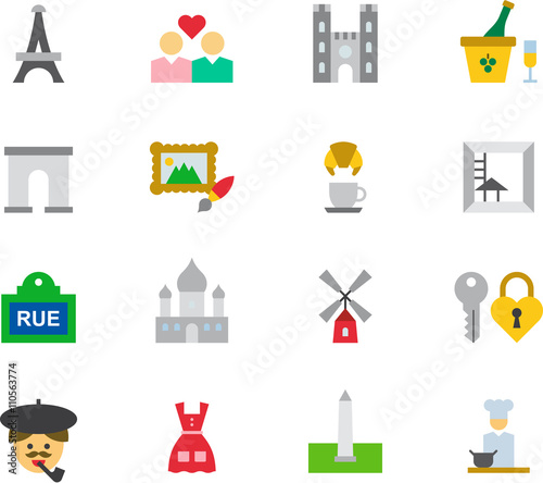 PARIS & FRANCE colored flat icons