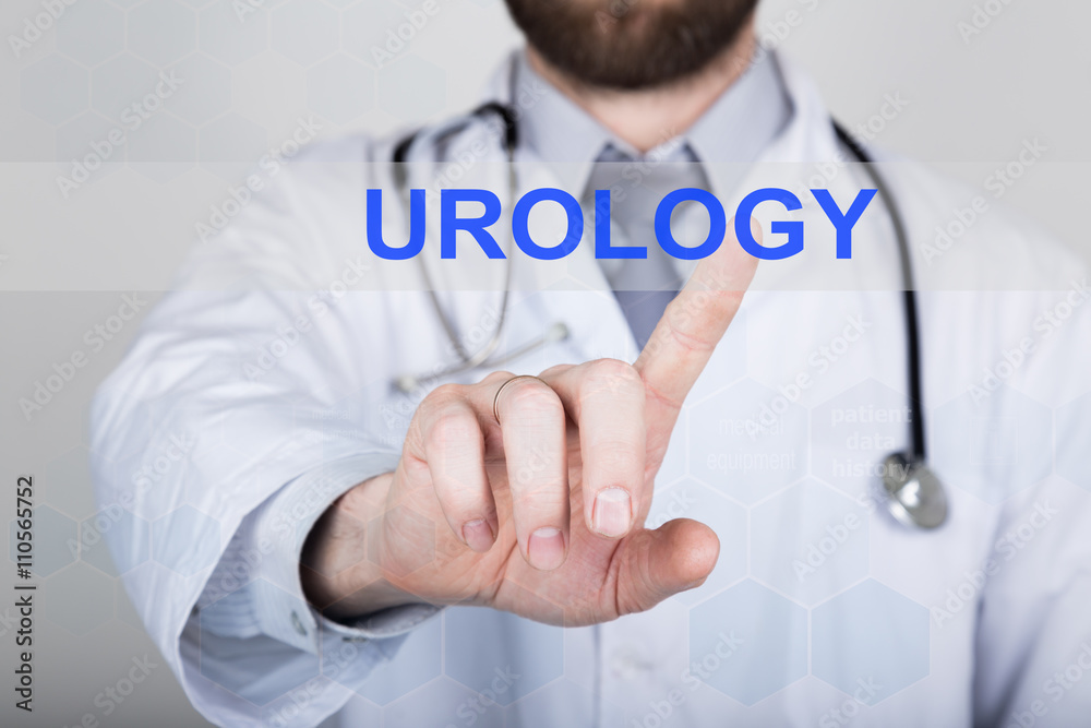 technology, internet and networking in medicine concept - medical doctor presses urology button on virtual screens. Internet technologies in medicine technology, internet and networking in medicine concept - medical doctor presses urology button on virtual screens. Internet technologies in medicine