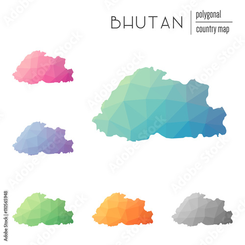 Set of vector polygonal Bhutan maps. Bright gradient map of the country in low poly style. Multicolored Bhutan map in geometric style for your infographics.