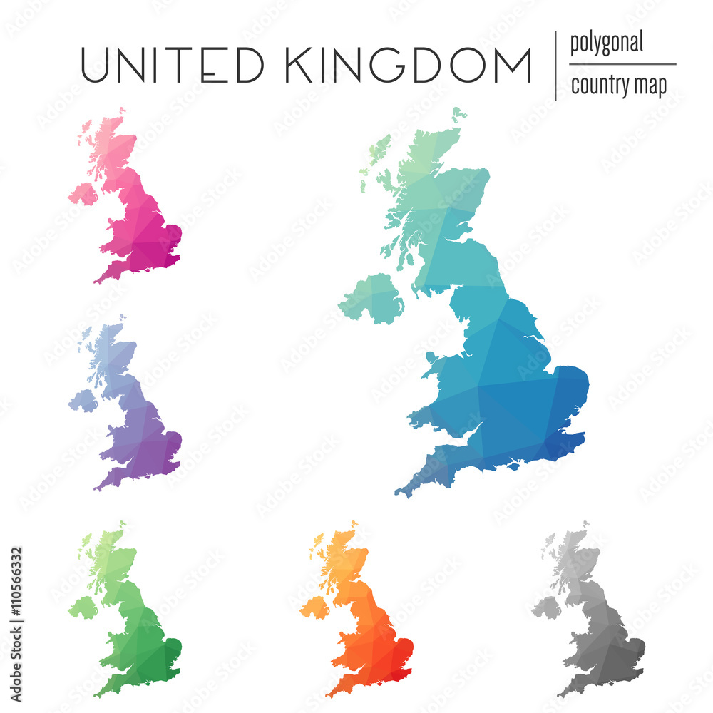 Fototapeta premium Set of vector polygonal United Kingdom maps. Bright gradient map of country in low poly style. Multicolored United Kingdom map in geometric style for your infographics.