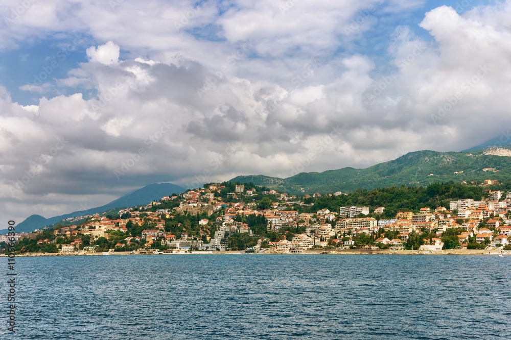 View of Herceg Novi city from the sea. Montenegro