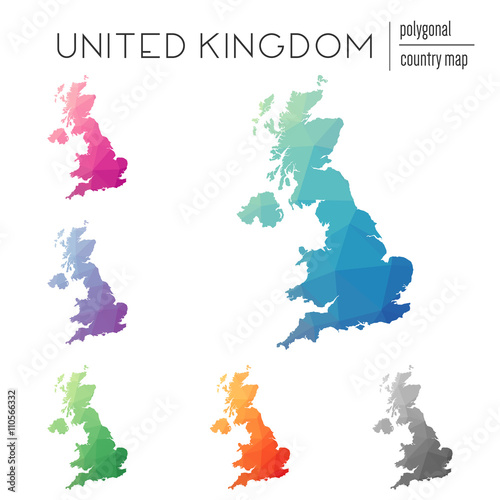 Set of vector polygonal United Kingdom maps. Bright gradient map of country in low poly style. Multicolored United Kingdom map in geometric style for your infographics.
