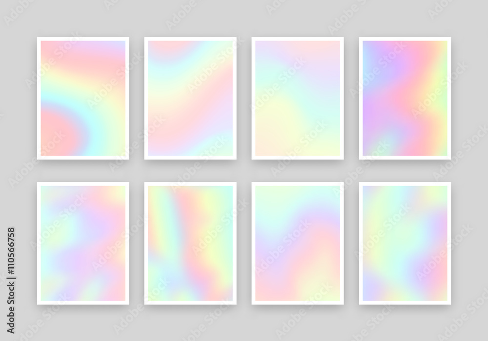 Set of 6 realistic holographic backgrounds in different colors for design. Hologram to create trendy modern design. Backgrounds for design cards, filling silhouettes, pattern design to printing.