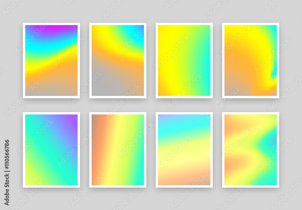 Set of 6 realistic holographic backgrounds in different colors for design. Hologram to create trendy modern design. Backgrounds for design cards, filling silhouettes, pattern design to printing.