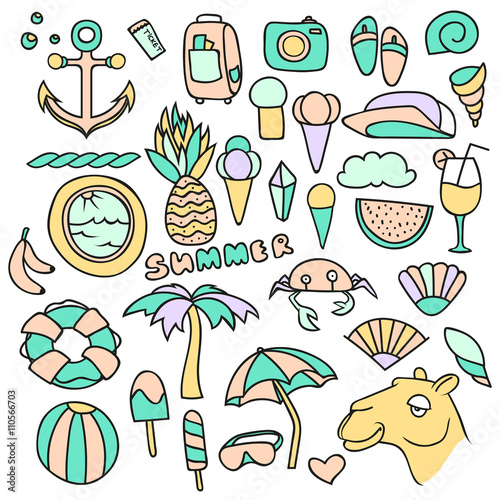 Wallpaper Mural Set of isolated objects palm and ball, a lifeline and an umbrella , ice cream and watermelon cocktail wear a cap and slippers , a camera and a backpack . Summer theme. Background with summer elements. Torontodigital.ca