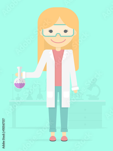 Scientist Girl Holding Flask at Laboratory. Flat Design Style. 