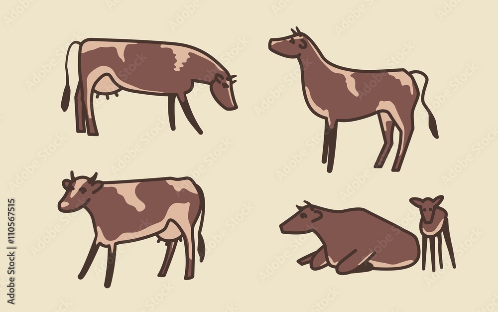 Cow set. Cows, bull and calf. Vector illustration.