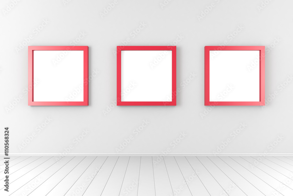 3D render of three red frames on the white white wall 3D render of three red frames on the white white wall