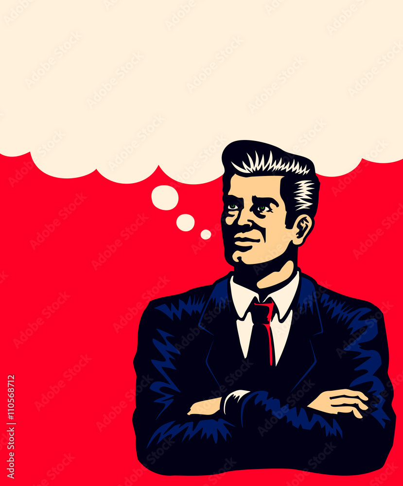 Retro businessman thinking with arms folded, imagining, planning business strategy with comic book style speech bubble vector illustration Retro businessman thinking with arms folded, imagining, planning business strategy with comic book style speech bubble vector illustration