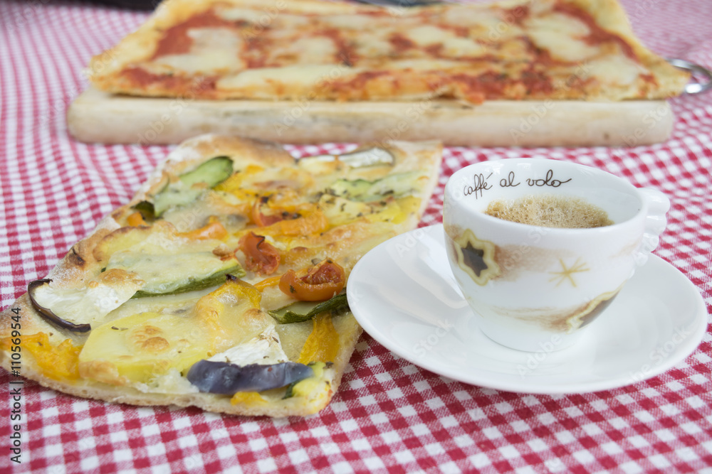 slice of vegetarian pizza with cup of cappuccino slice of vegetarian pizza with cup of cappuccino