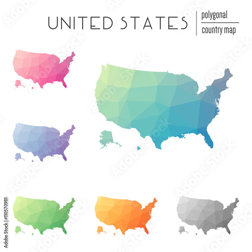 Set of vector polygonal United States maps. Bright gradient map of country in low poly style. Multicolored United States map in geometric style for your infographics.