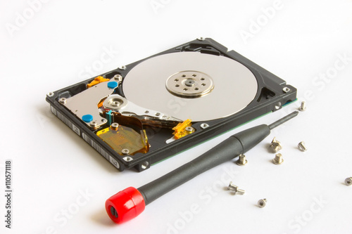 hdd repair screwdriver and screws on a white background