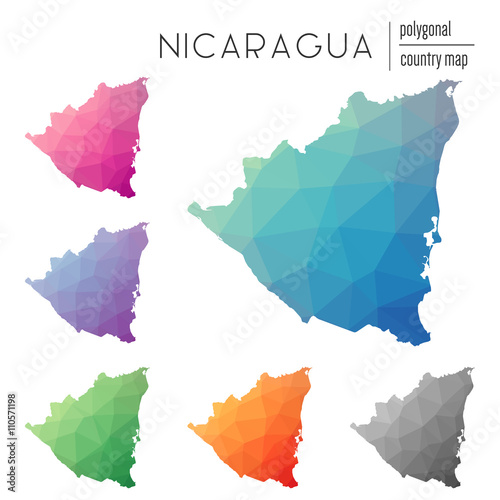 Set of vector polygonal Nicaragua maps. Bright gradient map of country in low poly style. Multicolored Nicaragua map in geometric style for your infographics.