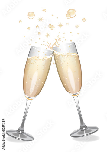 Champagne flutes clinking with bubbles