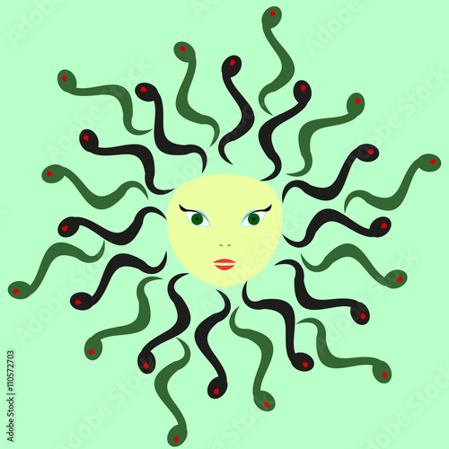 Medusa with snakes heads on a light green background, fairy tale character, mythical character,Vector illustration of medusa horgona, mythological story