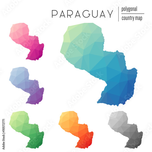 Set of vector polygonal Paraguay maps. Bright gradient map of country in low poly style. Multicolored Paraguay map in geometric style for your infographics.