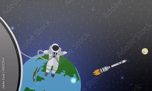 Mission concept vector illustration. Astronauts in station and outer space. Cosmonauts flying in no gravity. Rocket launch