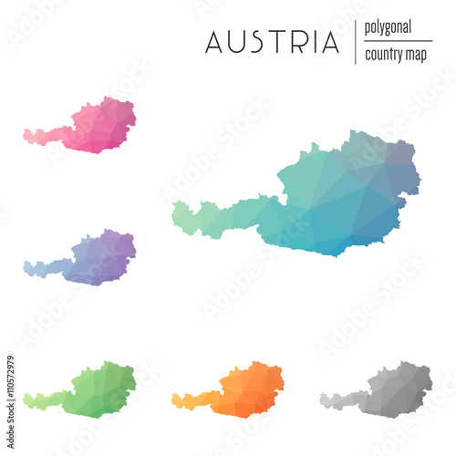 Set of vector polygonal Austria maps. Bright gradient map of country in low poly style. Multicolored Austria map in geometric style for your infographics.