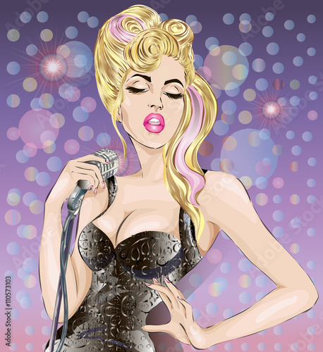 Pop Art illustration of young woman singing with microphone in her hand on a stage. Pin-up girl