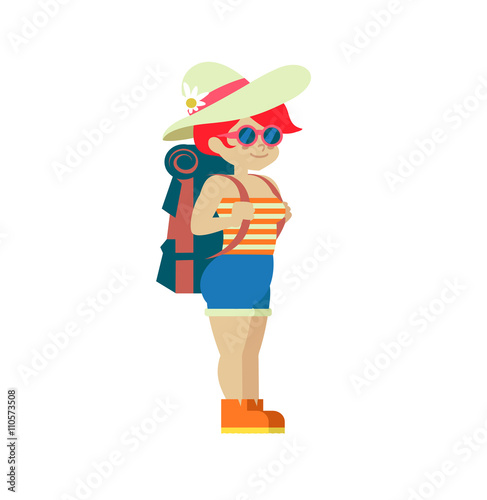 Globetrotter young female backpacker girl traveler with backpack hiking simple flat design vector character illustration