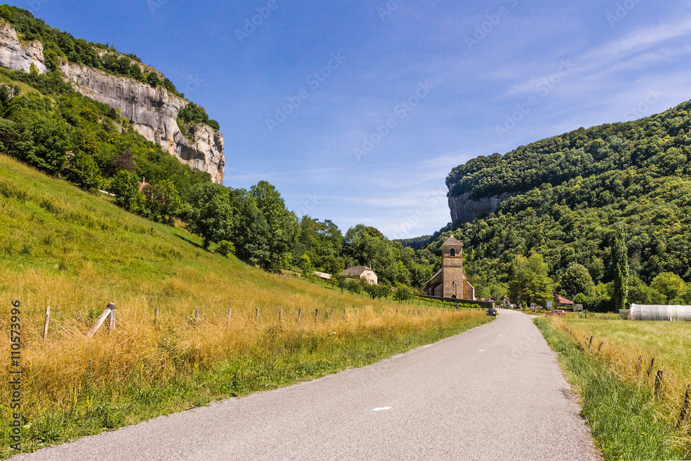Road and castle in valley