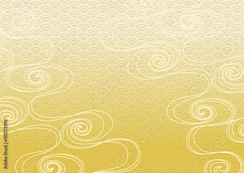 和波流水と青海波模様のイラスト（金色グラデーション）
