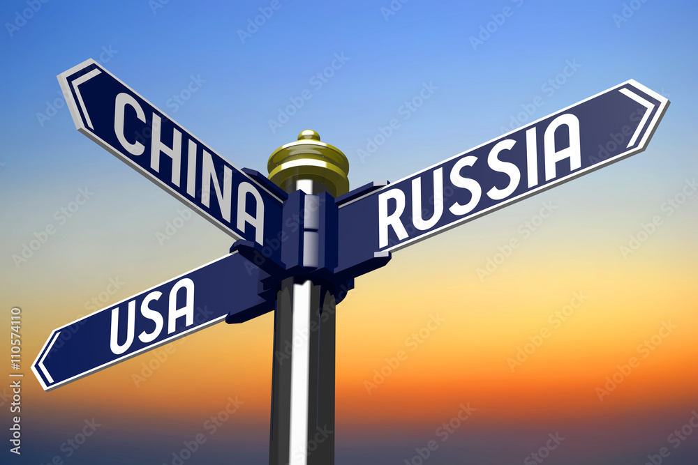 Fototapeta premium Crossroads sign - Usa, Russia and China