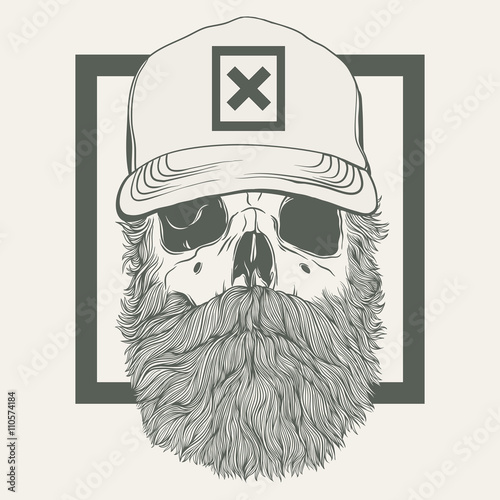 illustration of skull with a beard wearing a cap