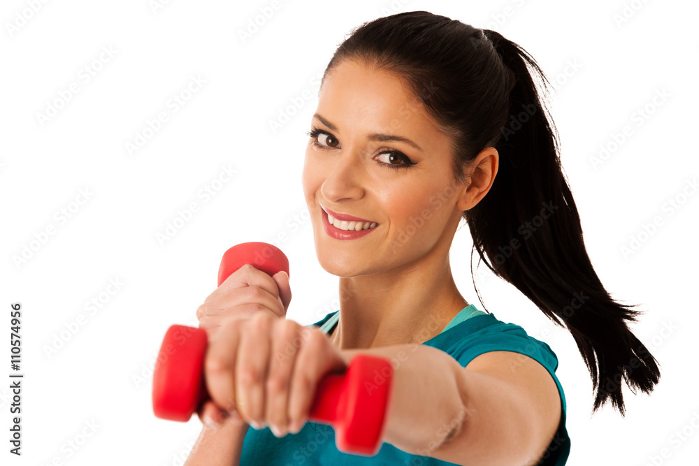 active woman with dumbbells workout in fitness gym isolated over active woman with dumbbells workout in fitness gym isolated over
