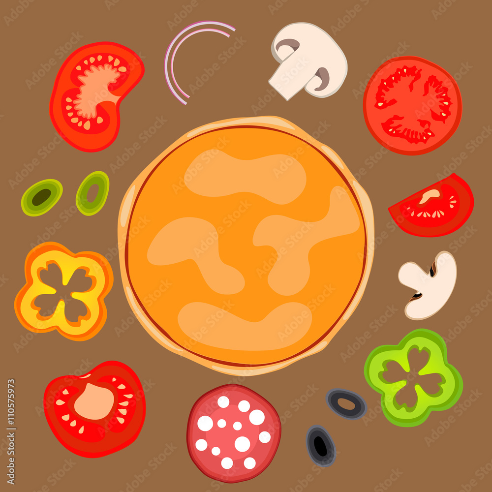 Pizza Base Vector Pizza base and pizza toppings of onions, black and green olives ...