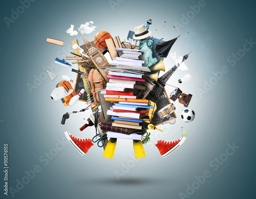 Obraz na plátne Education, a stack of books and magazines with other things