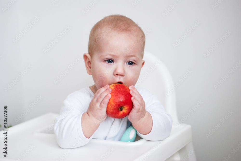 Baby sitting in child chair and eating big red apple
Baby sitting in child chair and eating big red apple