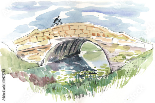 rural bridge, watercolor, sketch