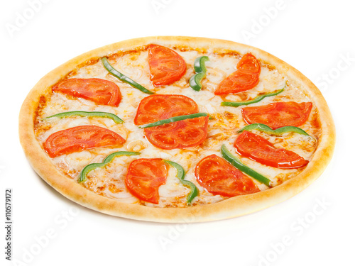 Delicious pizza with cheese, tomatoes and bell pepper isolated on white