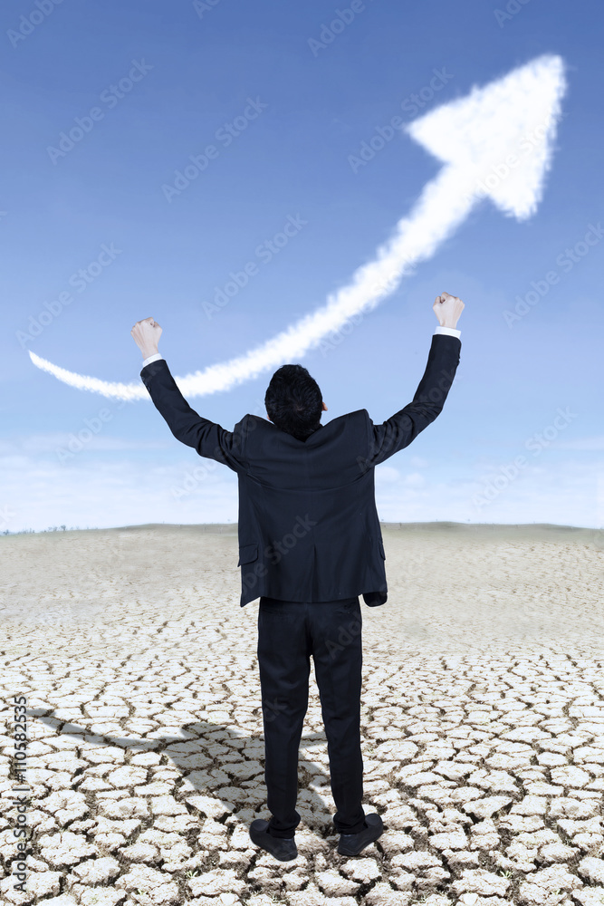 Successful worker and upward arrow outdoors Successful worker and upward arrow outdoors