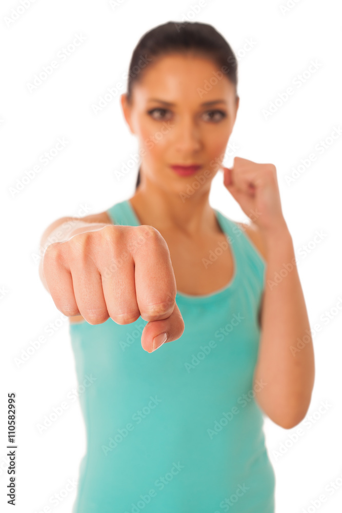 Beautiful woman boxing into copy space isolated over white backg Beautiful woman boxing into copy space isolated over white backg