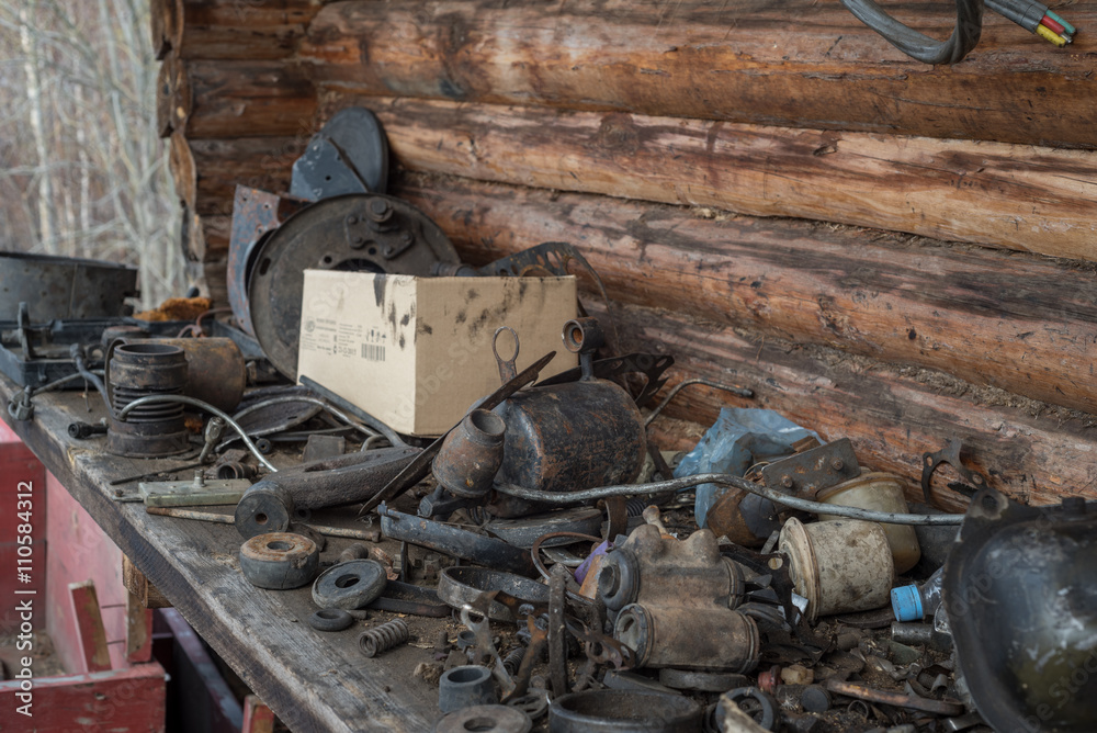 A pile of debris in a workshop. Selective focus A pile of debris in a workshop. Selective focus
