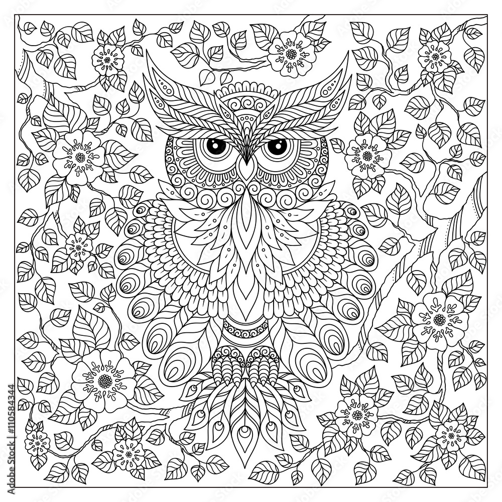 Fototapeta premium Adult coloring book page. Owl sitting on blossom branch