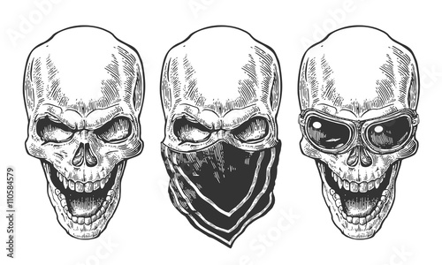 Skull smiling with bandana and glasses for motorcycle