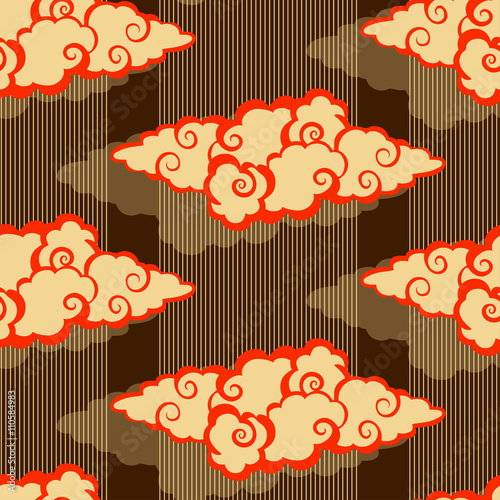 a japanese style clouds and rain seamless pattern in red brown and ivory