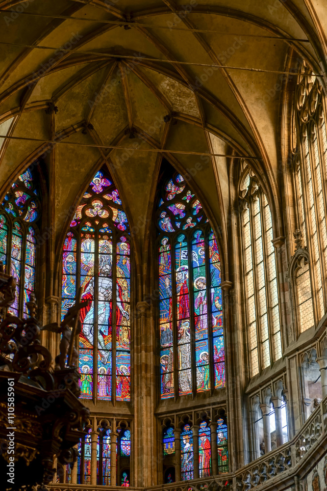 Stained glass window in St Vitus Cathedral in Prague